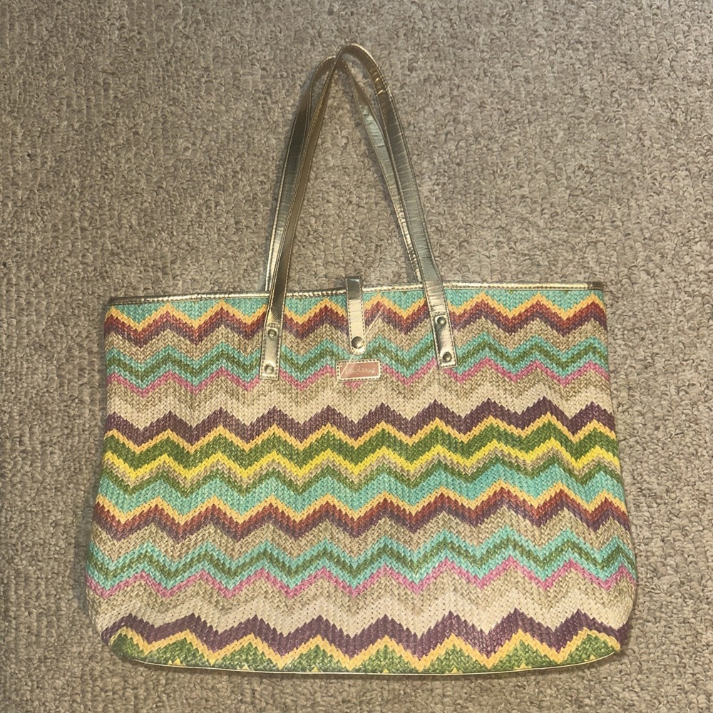 Lilly Pulitzer Spring Fling Zig Zag Straw Raffia Tote Bag Woven Chevron